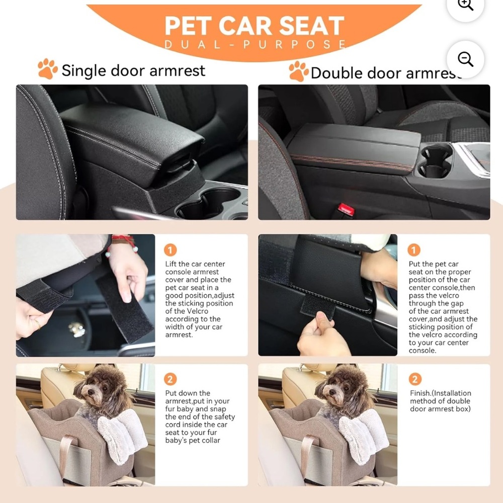 Gray & Orange Plush Dog Car Booster Seat - Secure Travel Bed - Picture 4 of 16